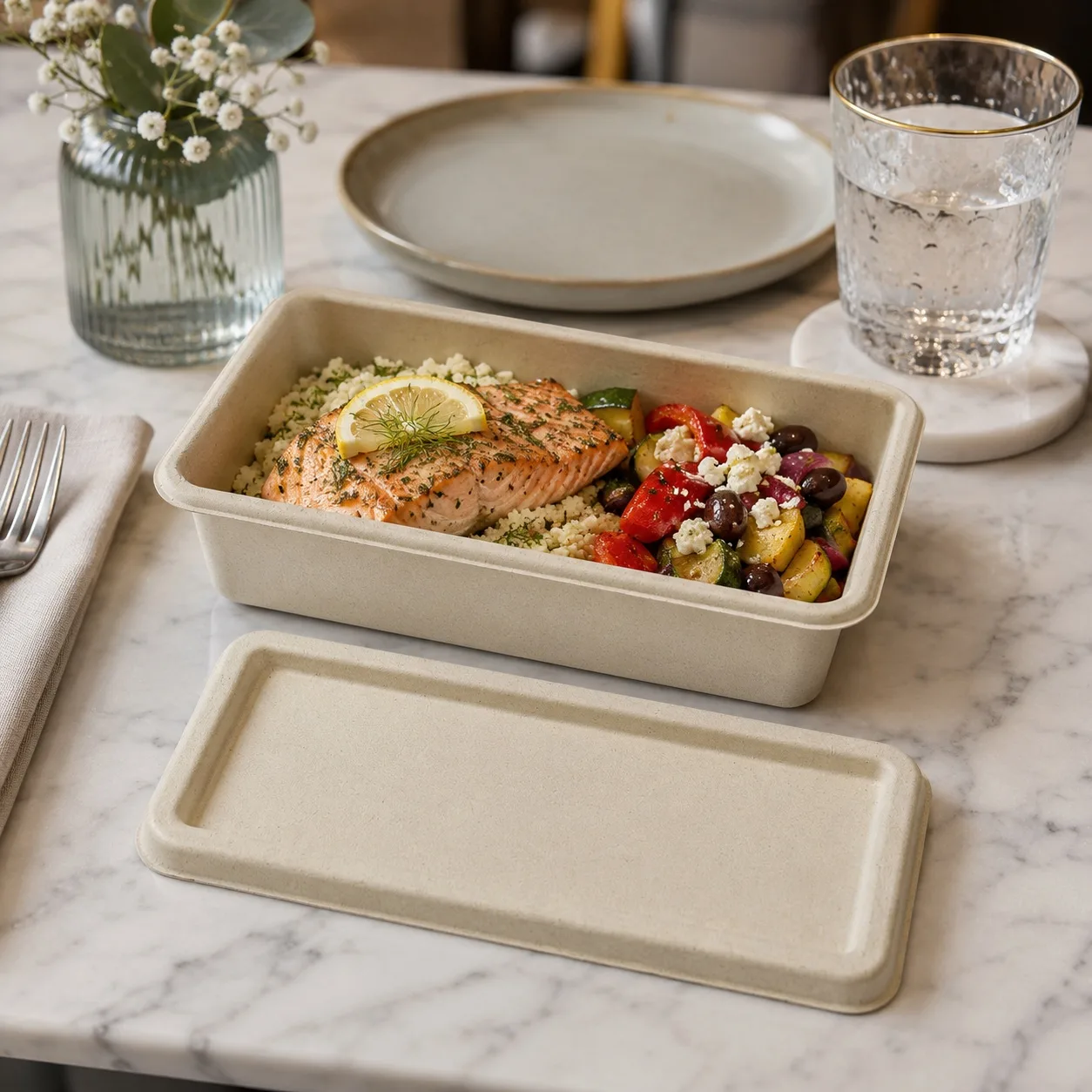 Biodegradable sugarcane sushi box with lid for deli food and bento meals