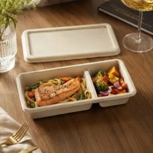 Compostable 2-Compartment Sushi Box with Lid 9″ x 4″ PFAS-Free Takeout Tray