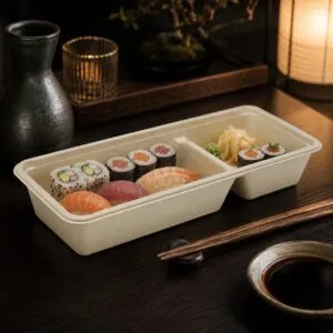 PFAS-free 2-compartment sugarcane sushi takeout tray with lid for restaurants and catering