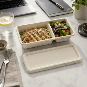 Biodegradable 2-compartment sugarcane sushi box with lid for bento meals and snacks