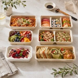Compostable 2-compartment sugarcane sushi box for sushi rolls and Japanese takeaway meals
