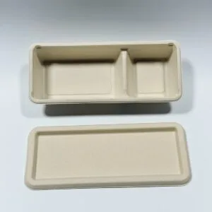 Compostable 2-compartment sugarcane sushi box with lid for PFAS-free takeaway packaging
