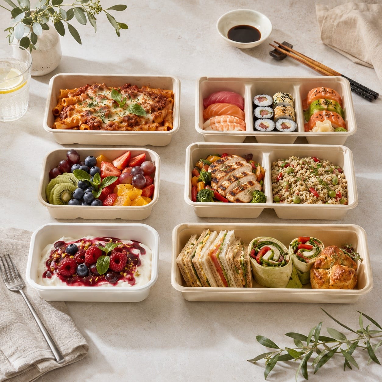 Boîte à sushis à 2 compartiments en bagasse de canne à sucre avec couvercle pour les plats à emporter et la restauration de qualité supérieure