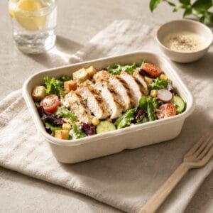 Compostable sugarcane meal box with lid for salad takeaway catering and healthy food packaging