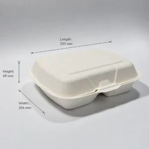 Composteerbare Sugarcane Clamshell Box 8 x 8 Inch 2-Compartimenten Volledig productoverzicht