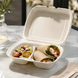 2-compartment sugarcane takeout container for eco-friendly restaurant meal packaging