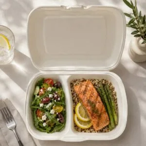 Composteerbare Sugarcane Clamshell Box 8 x 8 inch 2-compartiment voedselcontainer voor afhaalmaaltijden