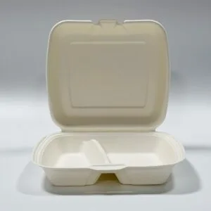 Compostable Sugarcane Clamshell Box 8″ x 8″ 2-Compartment Sugarcane Takeout Container