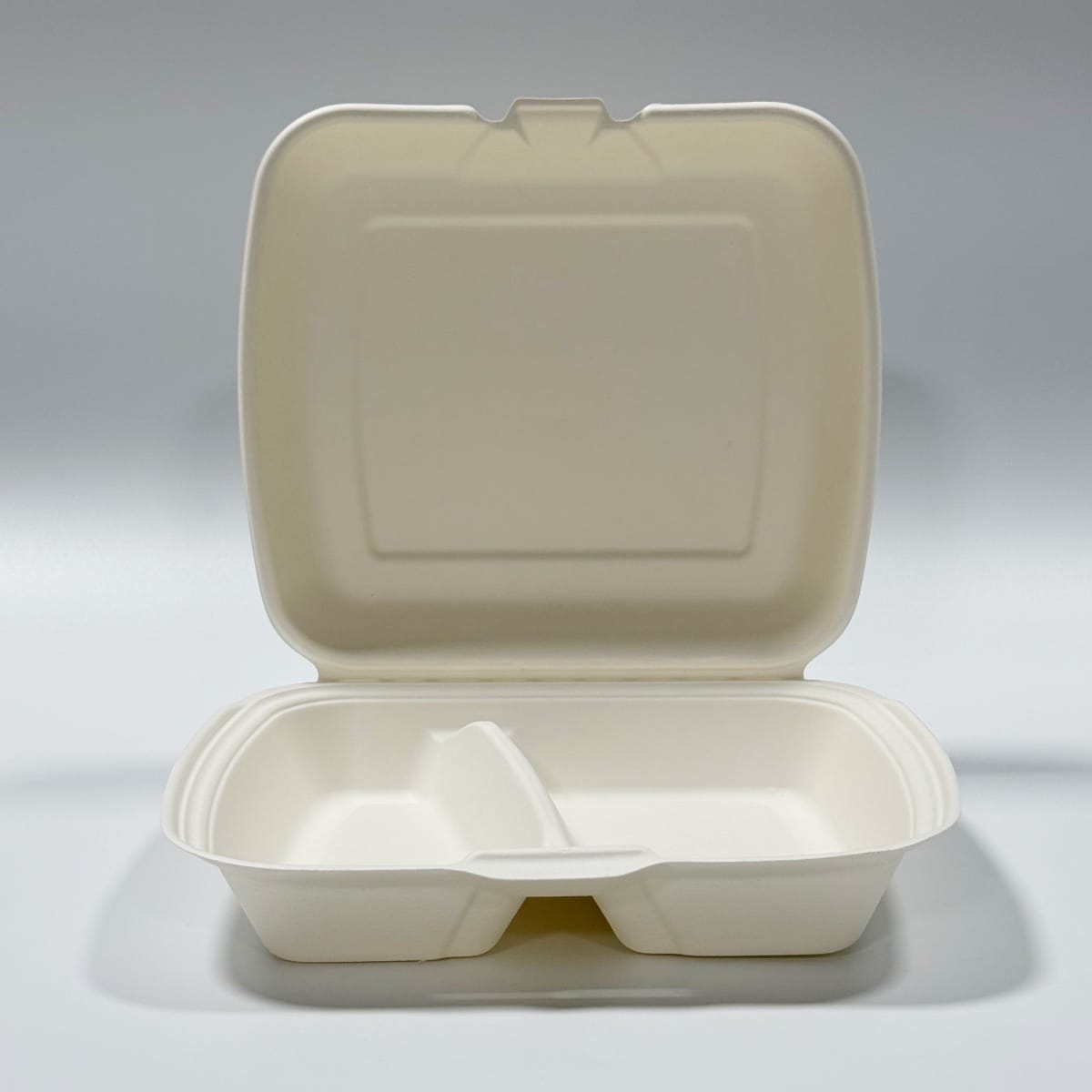 Composteerbare meeneemverpakking van suikerriet 8 x 8 inch met 2 compartimenten Volledige productweergave