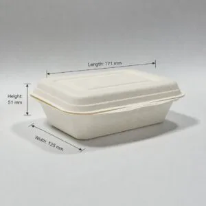 Caja para llevar de caña de azúcar ecológica 6.7 x 5 contenedor de comida tipo clamshell biodegradable, vista completa del tamaño del producto