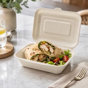 Eco-friendly 6.7 x 5 sugarcane clamshell box for café dessert and snack packaging