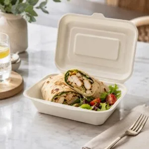 Caja clamshell de caña de azúcar ecológica 6.7 x 5 para empaque de postres y snacks de cafetería