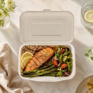 Biodegradable sugarcane food clamshell container for snacks sides and small takeaway meals
