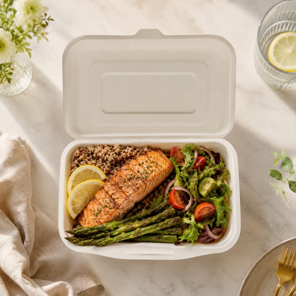 Biodegradable food clamshell container for snack boxes sides catering and grab-and-go packaging