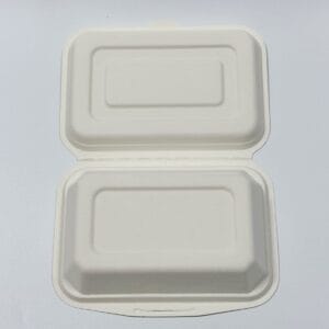 Biodegradable sugarcane food clamshell container 6.7 x 5 inch takeout box detail view