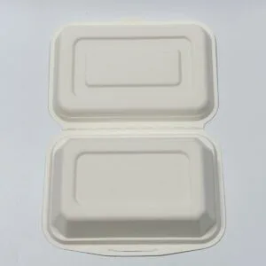 Contenedor de comida tipo clamshell de caña de azúcar biodegradable 6.7 x 5 inch vista detallada de la caja para llevar