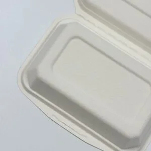 Contenedor de comida tipo clamshell de caña de azúcar biodegradable 6.7 x 5 inch vista detallada de la caja para llevar
