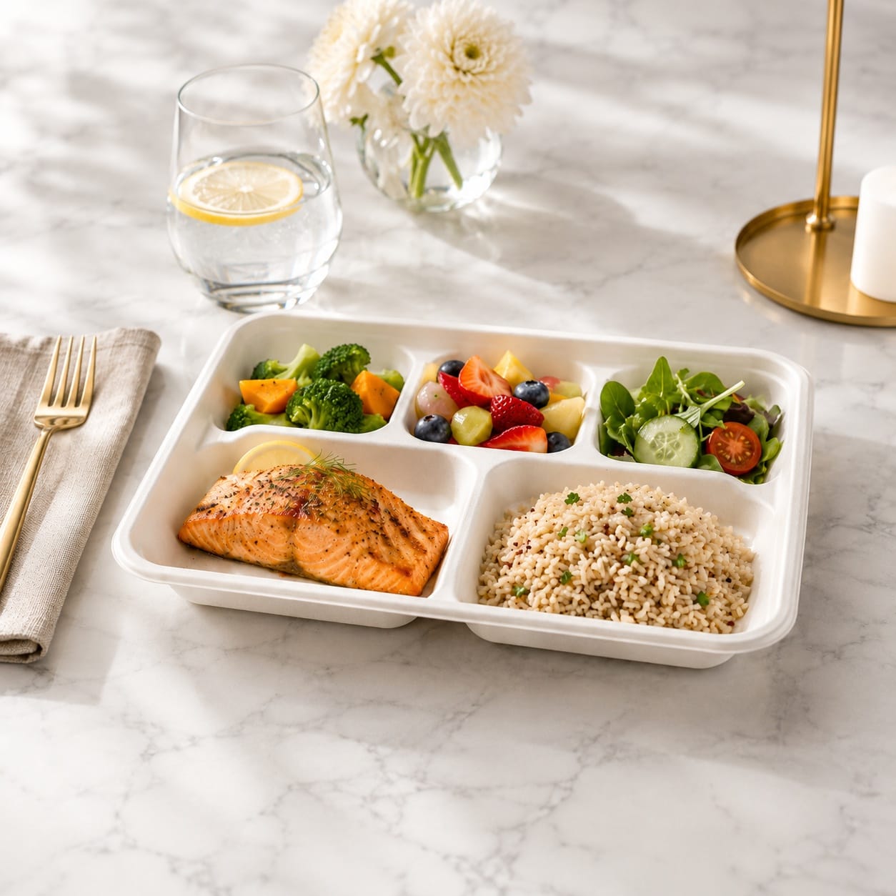 PFAS-Free 5-compartment disposable school tray for lunch meals and cafeteria service