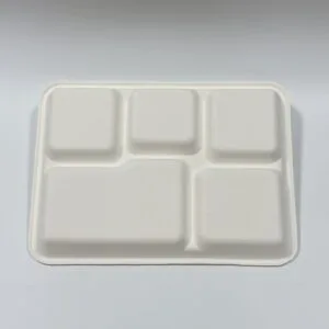 11 x 8 biologisch abbaubares Tablett aus Zuckerrohr mit fünf Fächern für die Gastronomie