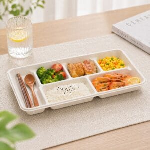 PFAS-freies Bagasse-Tablett mit sechs Fächern für Cafeteria- und Gemeinschaftsverpflegung