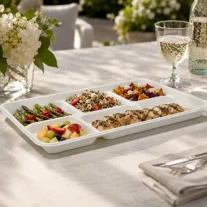 Bandeja de comida desechable de caña de azúcar biodegradable 5-compartment para cáterin e instituciones