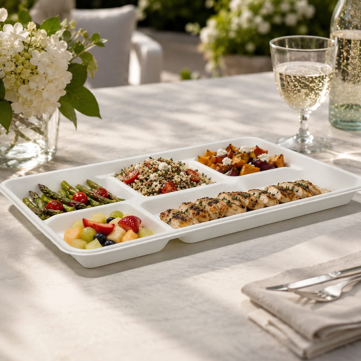Eco-friendly 5-compartment disposable meal tray for cafeteria and catering service