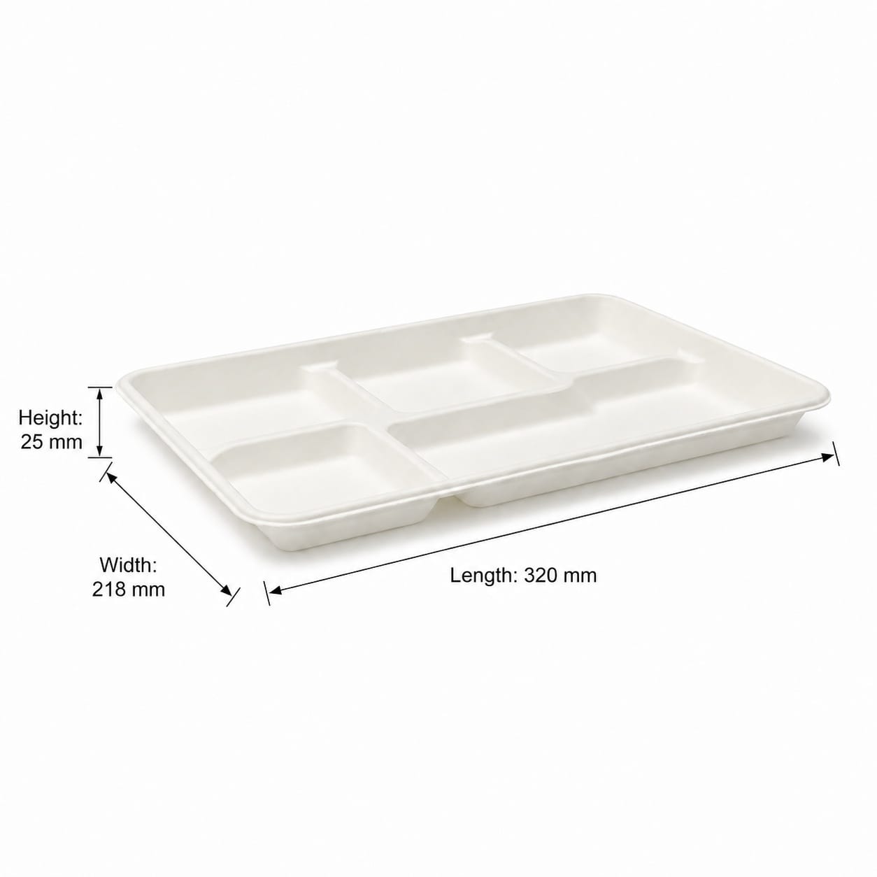 Biodegradable sugarcane 5-compartment disposable meal tray for cafeteria and catering service