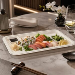 Kompostierbares Serviertablett aus Zuckerrohrzellstoff für Cafeteria- und Catering-Mahlzeiten