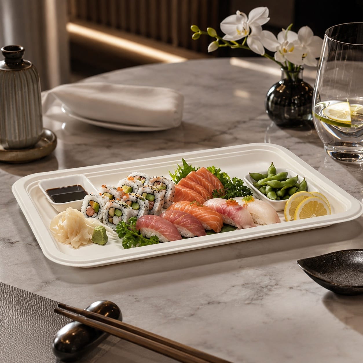 Dienblad van suikerrietpapierpulp voor schoolcatering en restaurantmaaltijden