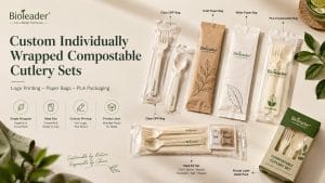 Conjuntos de talheres compostáveis personalizados, embalados individualmente, com sacos de papel com impressão de logótipo e embalagem PLA por Bioleader
