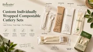 Custom individually wrapped compostable cutlery sets with logo printing paper bags and PLA packaging by Bioleader