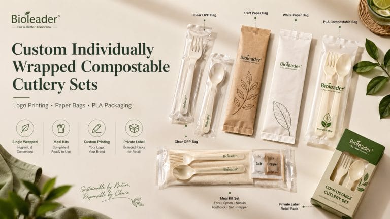 Set de couverts compostables emballés individuellement et personnalisés avec impression du logo sacs en papier et emballage PLA par Bioleader