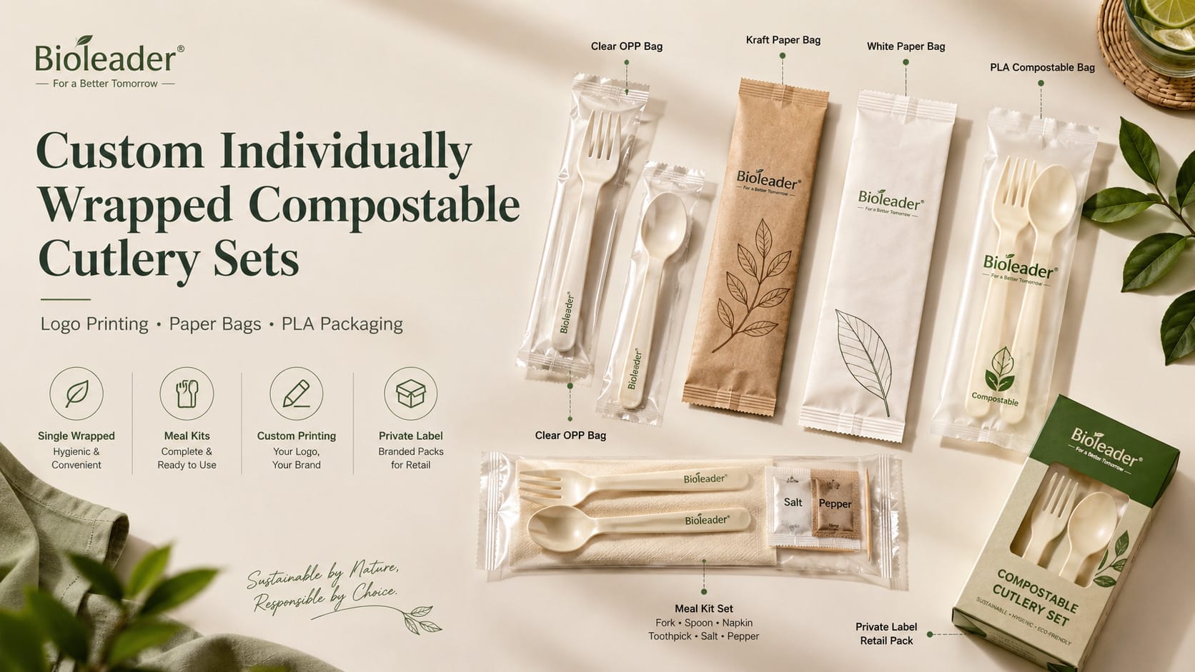 Custom individueel verpakte composteerbare besteksets met logobedrukking in papieren zakken en PLA-verpakking van Bioleader