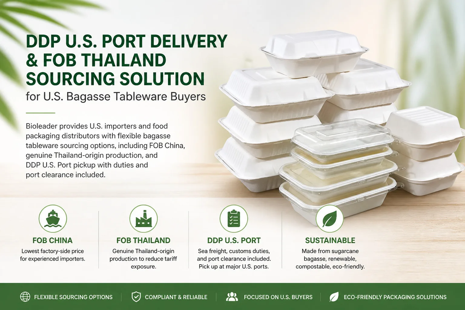 DDP U.S. Port bagasse tableware sourcing solution with sugarcane clamshell boxes and food containers