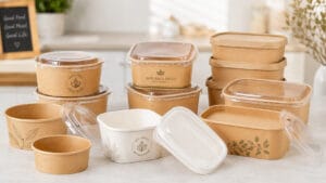 Disposable paper bowls with lids in kraft color with round square and rectangular shapes and custom printing