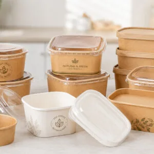 Disposable paper bowls with lids in kraft color with round square and rectangular shapes and custom printing