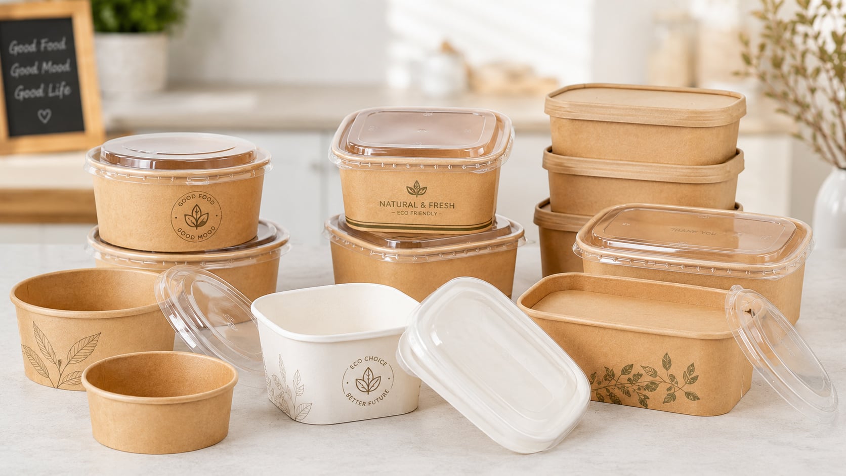 Disposable paper bowls with lids in kraft color with round square and rectangular shapes and custom printing