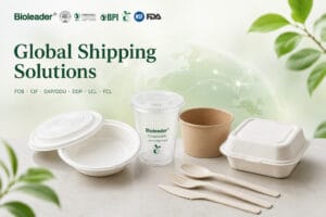 Bioleader global shipping solutions for compostable food packaging including FOB CIF DAP DDP LCL and FCL delivery