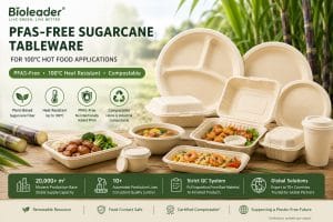 PFAS-free sugarcane tableware for 100°C hot food applications by Bioleader