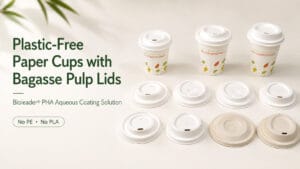 Copos de papel sem plástico com tampas de polpa de bagaço usando a solução de revestimento aquoso PHA da Bioleader, sem PE e sem PLA