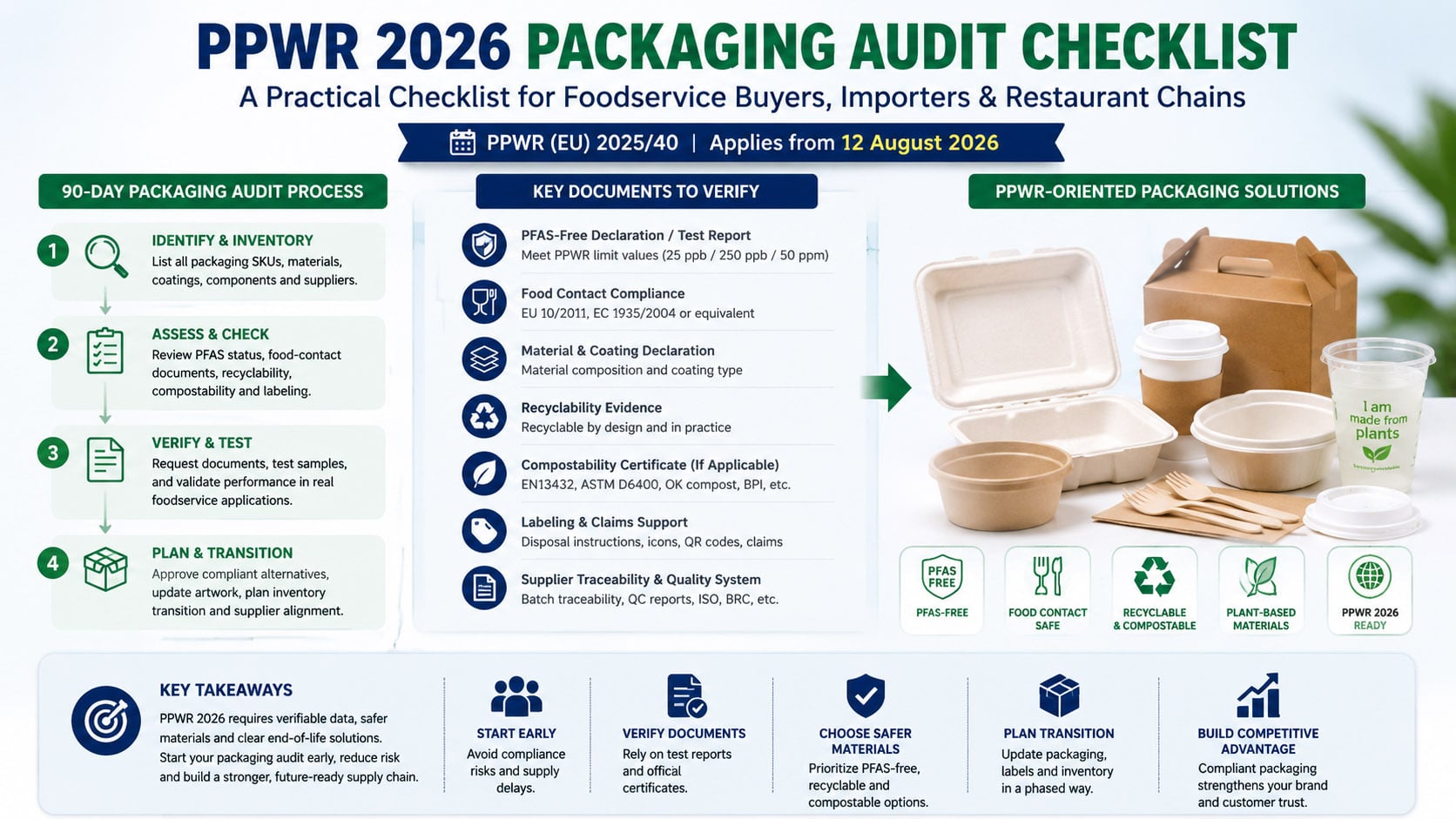 PPWR 2026 packaging audit checklist for foodservice buyers reviewing PFAS-free documents, coating materials and takeaway packaging SKUs