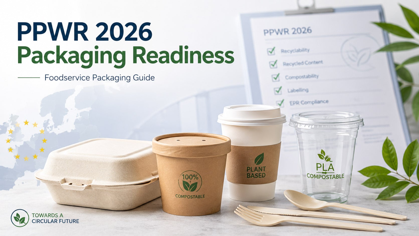 PPWR 2026 packaging readiness guide for foodservice buyers with compostable bagasse containers, paper cups, PLA cups and cutlery