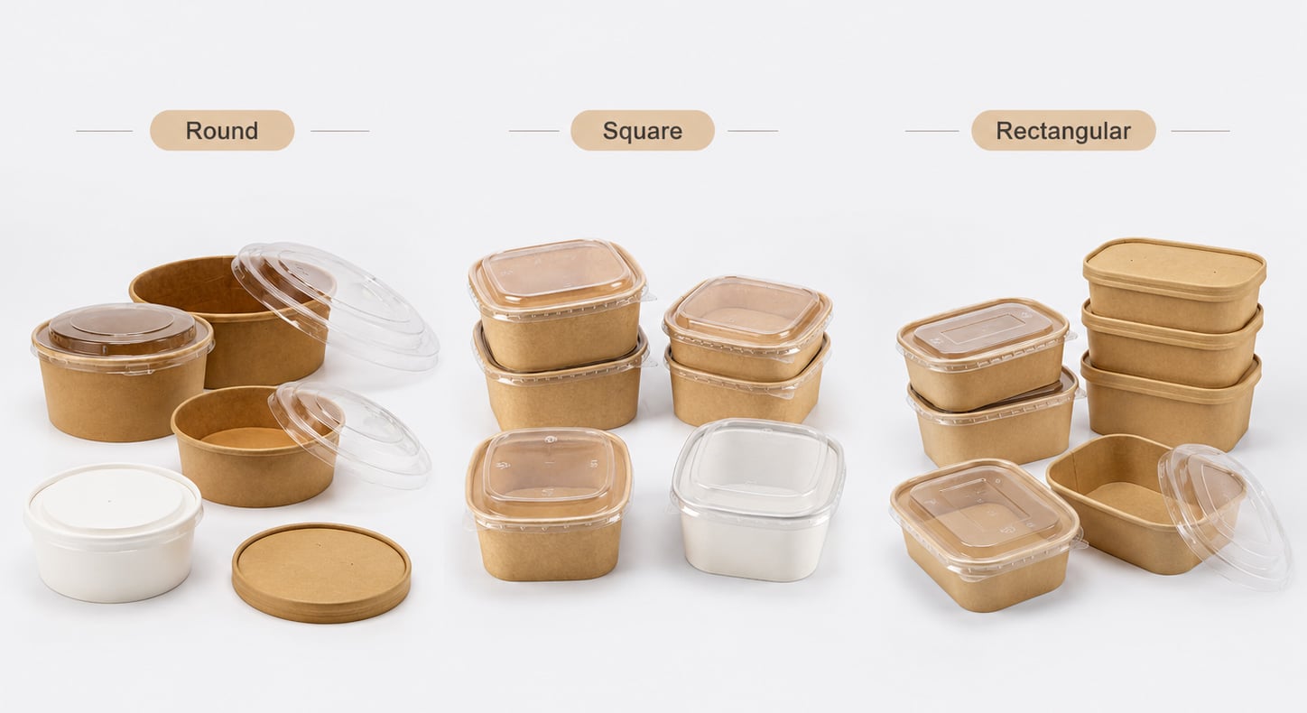 Round, square and rectangular paper bowls with PET, PP and paper lids for takeaway food packaging