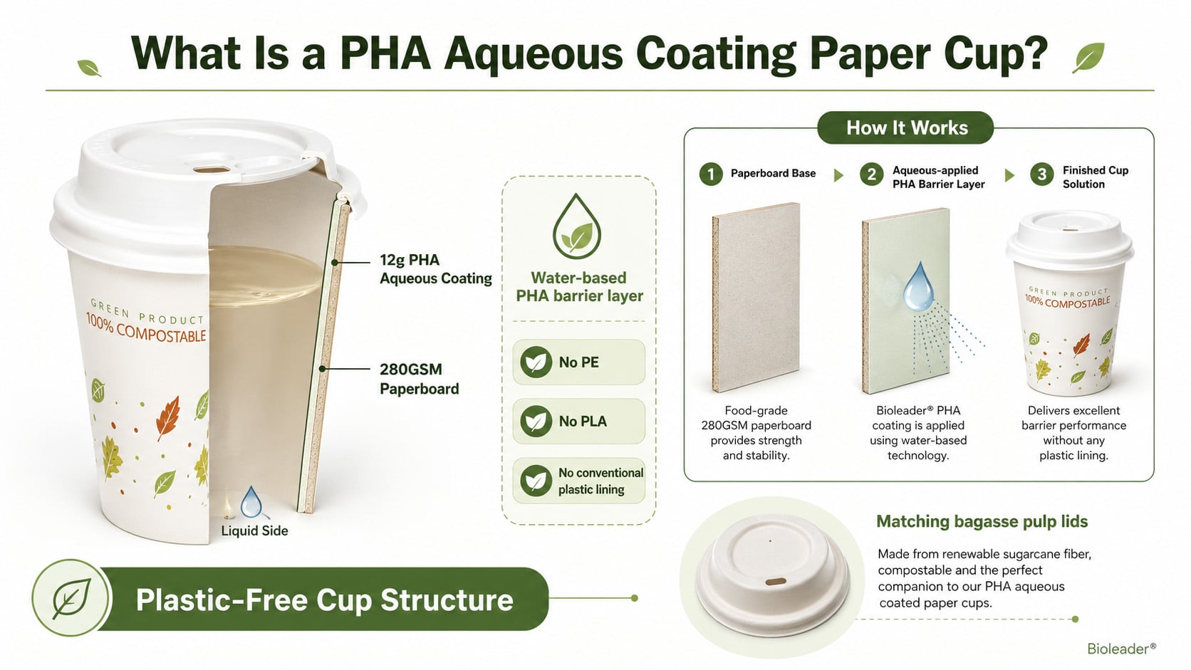 Diagrama técnico de una estructura de vaso de papel con revestimiento acuoso de PHA con cartón de 280GSM, 12g de revestimiento de PHA, sin PE ni PLA