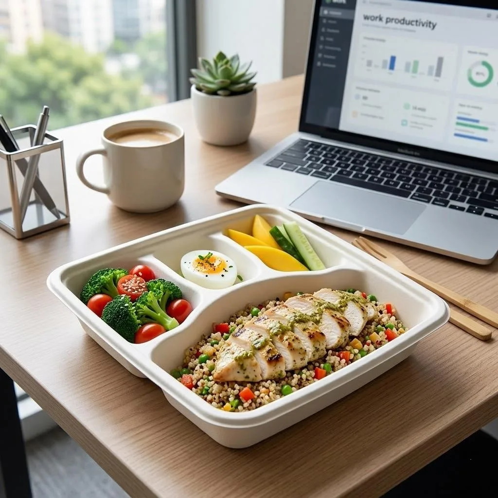 1000ml 3-Fach-Bagasse-Bento-Box mit Takeaway-Mahlzeit