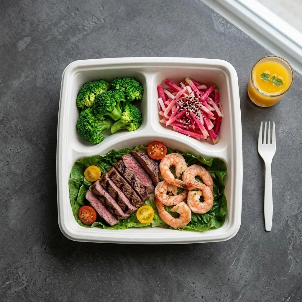 1000ml 3-Fach-Bagasse-Bento-Box mit Takeaway-Mahlzeit