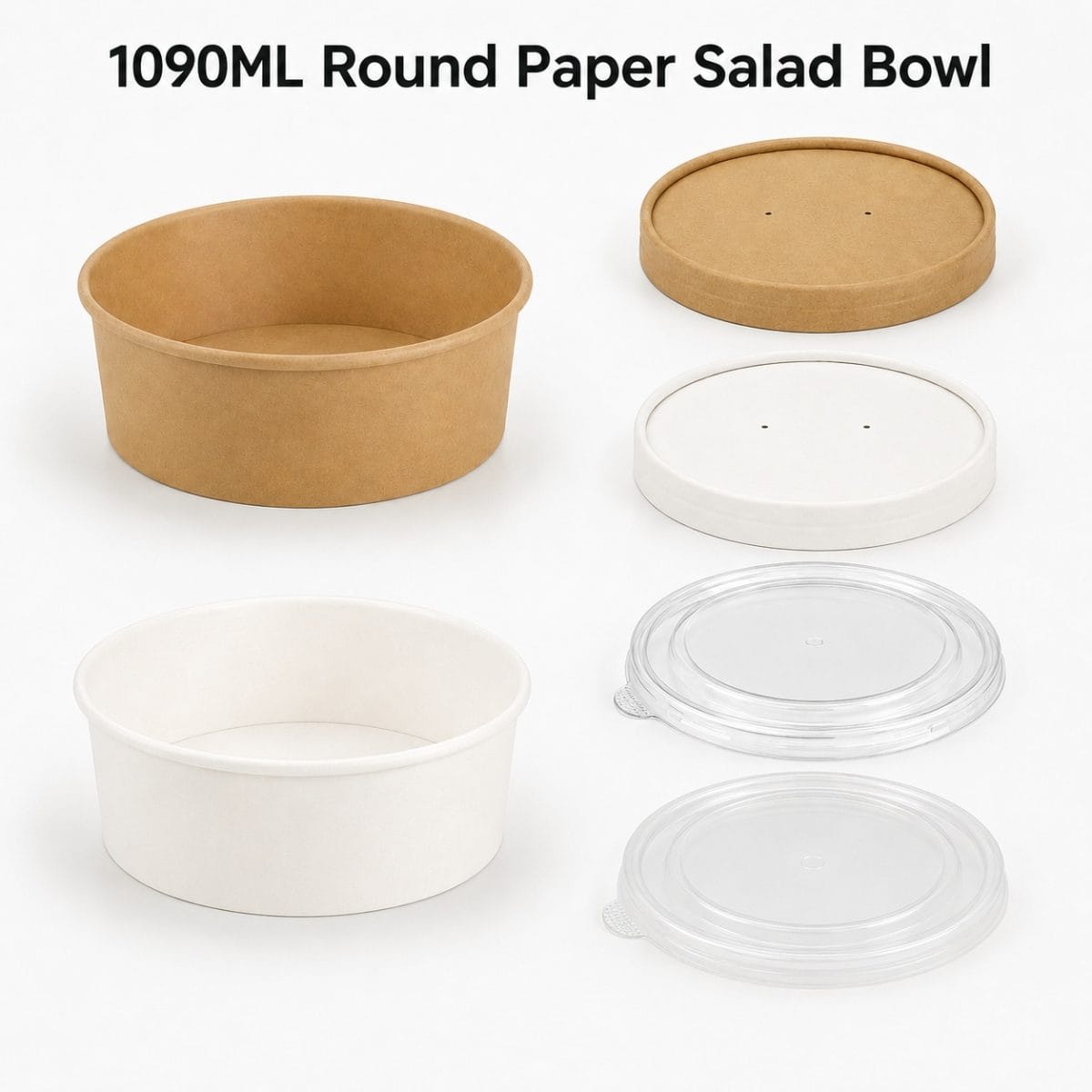 1090ml tazones de ensalada de papel kraft y blanco con tapas para ensaladas, tazones de arroz, comida para llevar y catering