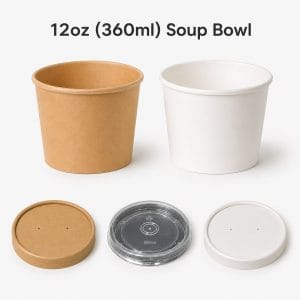 12 oz Papiersuppentassen und -behälter mit Deckel (360 ml) | Kraftpapier und Weiß | Bioleader®