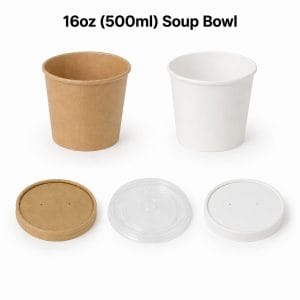 16oz Suppenschalen und -behälter aus Papier mit Deckel (500 ml) | Kraftpapier und Weiß | Bioleader®