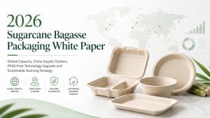 2026 Weißbuch-Cover zu Verpackungen aus Zuckerrohrbagasse mit Bagasse-Behältern, globaler Kapazitätskarte, chinesischen Lieferclustern und PFAS-freier Technologie